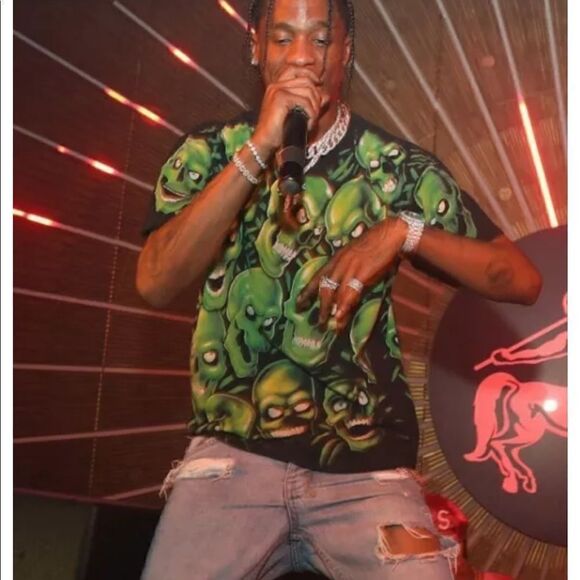 2001 Rare Vintage Liquid Blue Green Skull Pile Mens Shirt Small aso Travis Scott - Picture 2 of 8